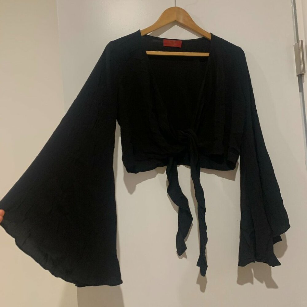 TIGERLILY Black Bell Sleeve Tie Front Crop Top - Picture 6 of 6